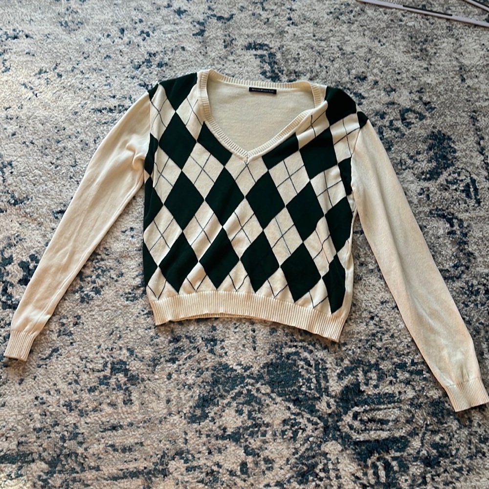 Like New Brandy Melville V-Neck Sweater; Cream with Green Gingham Pattern